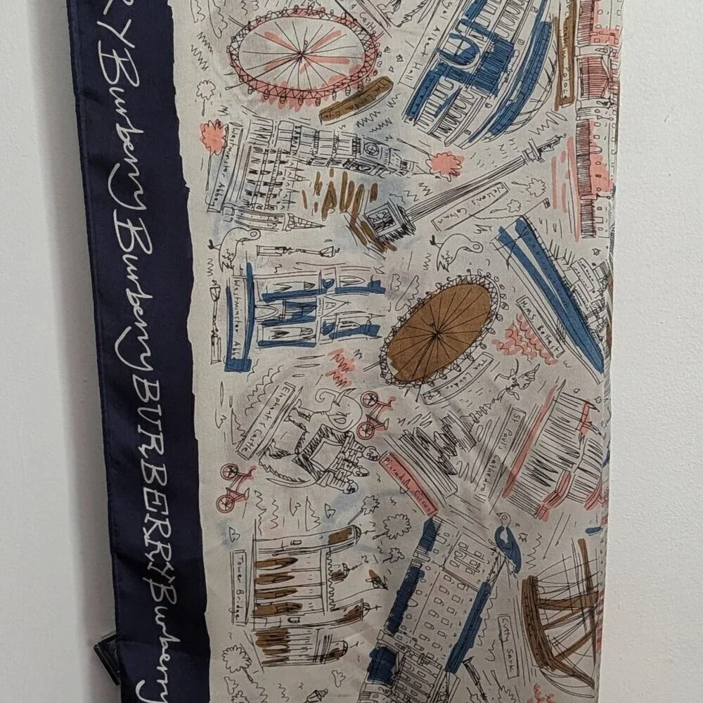 Burberry 100% Silk Scarf London Theme - Picture 2 of 10
